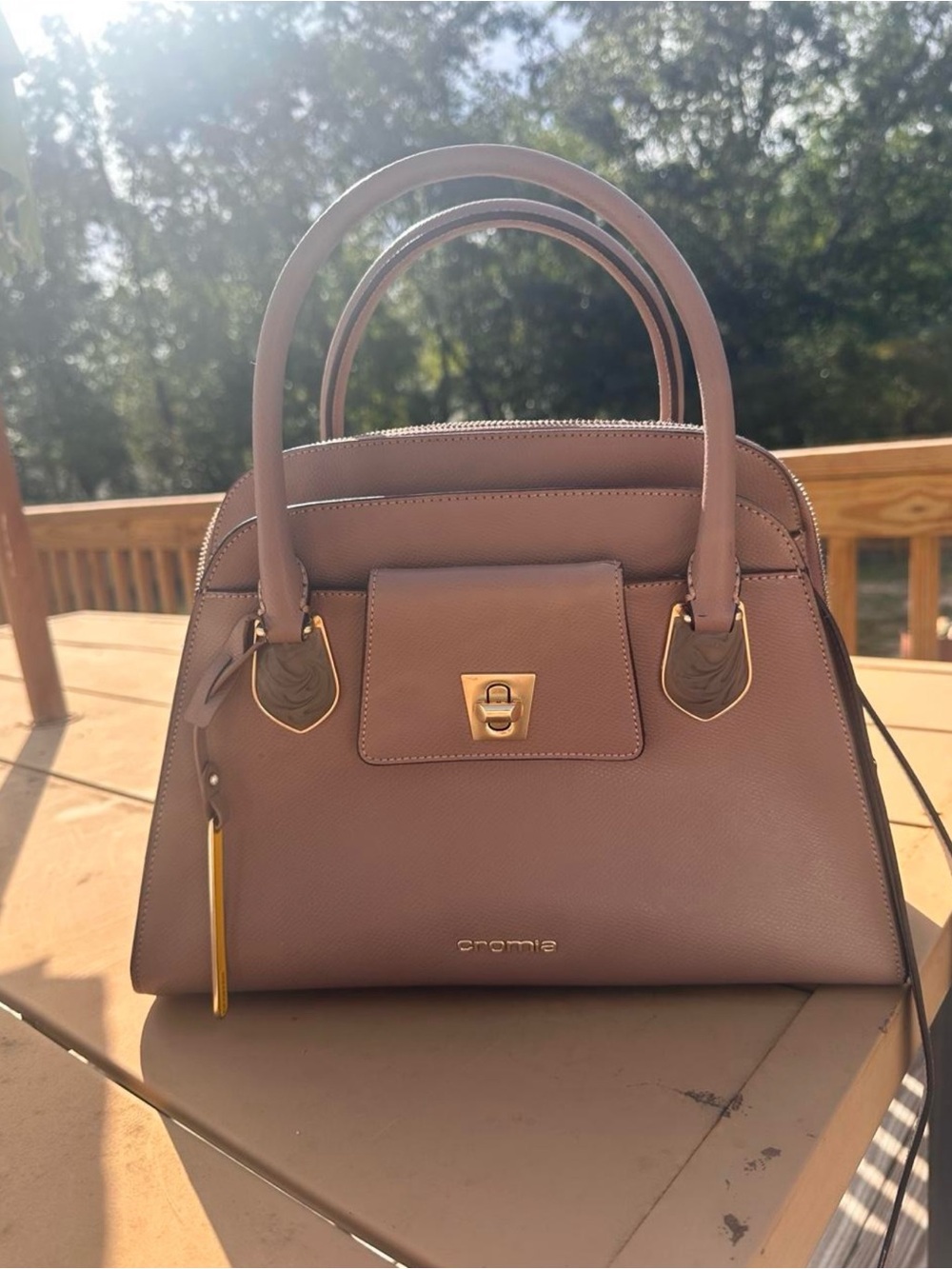 Cromia Taupe Leather Satchel with Gold Hardware